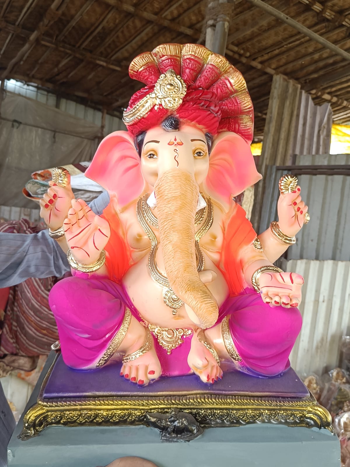Royal 2.5-Foot POP Ganpati Idol with Intricate Gold Detailing & Carved Base | Safe & Secure Delivery Guaranteed