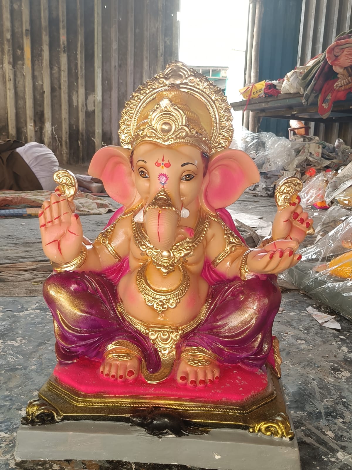 Divine 1.5 Foot POP Ganesha Idol with Radiant Gold Halo & Metallic Purple Dhoti | Handcrafted Ganpati Murti