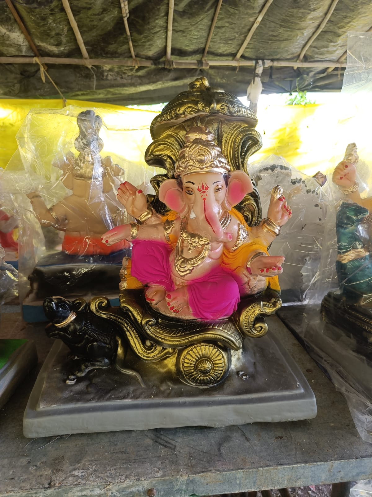 Divine 1 feet Antique Gold Rath Ganesha Idol in Magenta Dhoti | Handcrafted Chariot Ganpati Bappa Murti