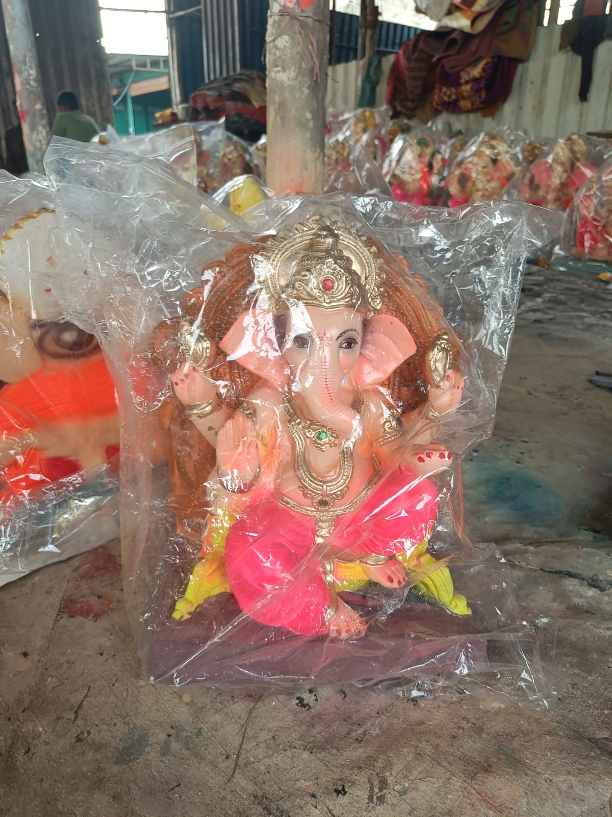 Premium 1 feet POP Ganesha Idol with Carved Prabhavali & Pink Dhoti | Hand-Painted Divine Ganpati Bappa Murti
