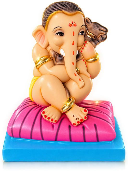 Cute POP 1 feet Bal Ganesha Idol Sitting on Pink Cushion | Hand-Painted Divine Child Ganpati Murti