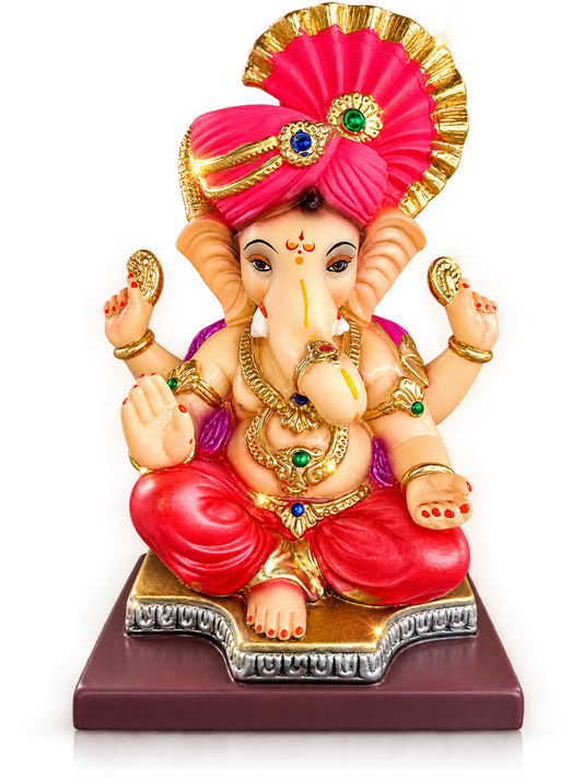 Premium POP 1 feet Ganesha Idol with Shahi Pink Pheta & Gold Accents | Hand-Painted Divine Ganpati Bappa Murti