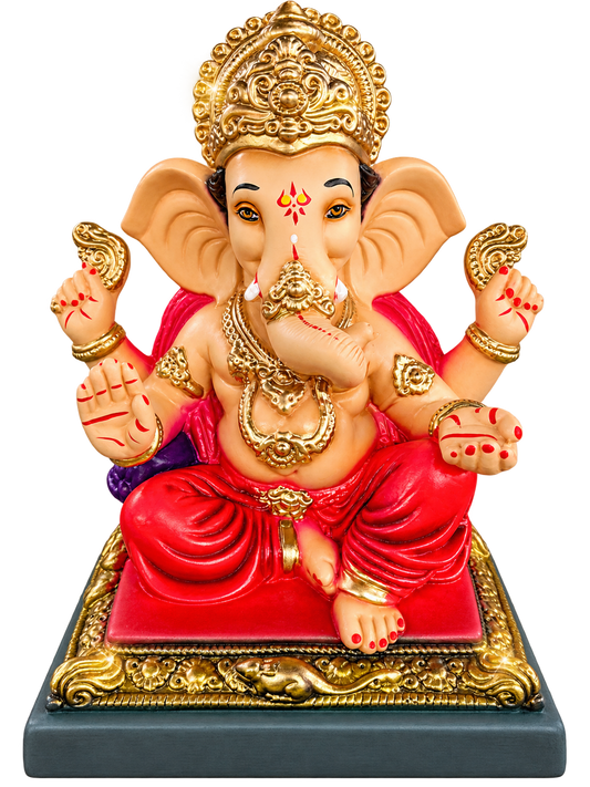 Royal Golden Crown 1 feetGanpati Idol on Decorative Red Cushion Pedestal | Safe & Secure Packaging Guaranteed