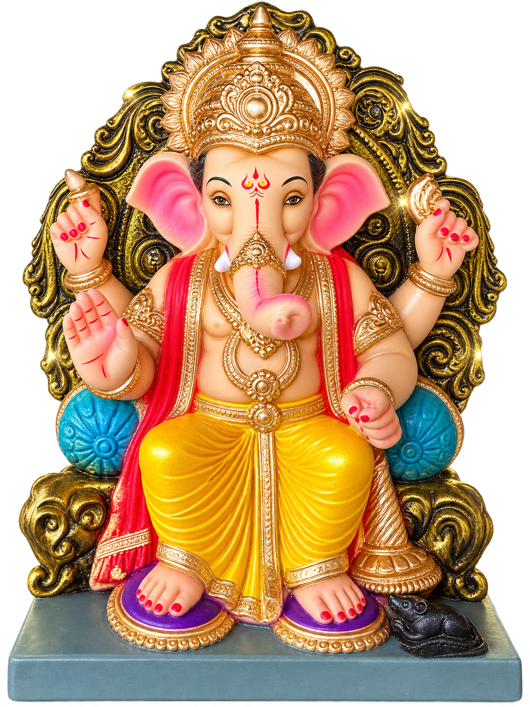 Grand 1.5 Foot POP Ganesha Idol on Ornate Golden Singhasan | Hand-Painted Divine Ganpati Bappa Murti