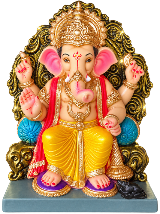 Grand 1.5 Foot POP Ganesha Idol on Ornate Golden Singhasan | Hand-Painted Divine Ganpati Bappa Murti