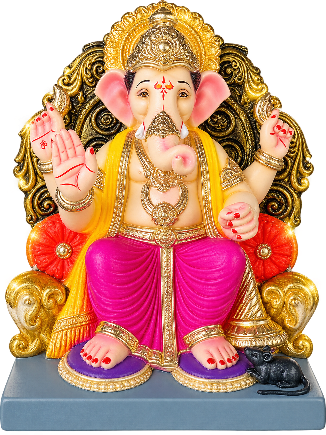 Grand 1.5 Foot POP Ganesha Idol on Ornate Golden Throne | Hand-Painted Divine Ganpati Bappa Murti in Magenta Dhoti
