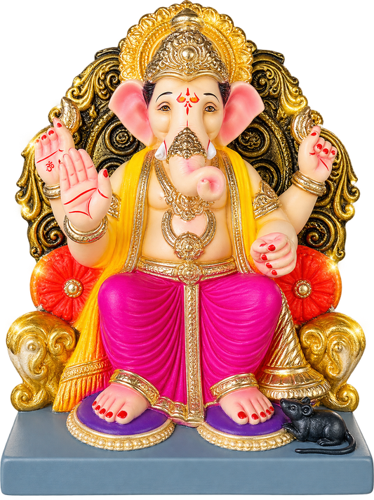 Grand 1.5 Foot POP Ganesha Idol on Ornate Golden Throne | Hand-Painted Divine Ganpati Bappa Murti in Magenta Dhoti