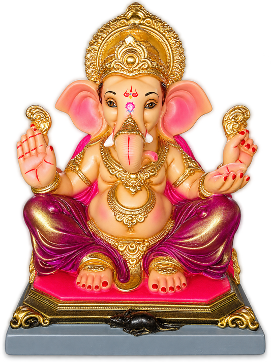Divine 1.5 Foot POP Ganesha Idol with Radiant Gold Halo & Metallic Purple Dhoti | Handcrafted Ganpati Murti