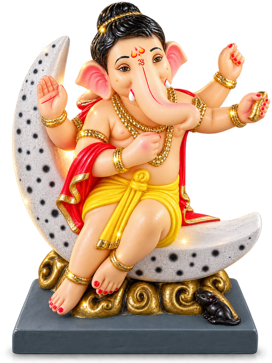 Divine 1 feet Crescent Moon Ganesha Idol with Topknot | Handcrafted Chandradev Bal Ganpati Bappa Murti
