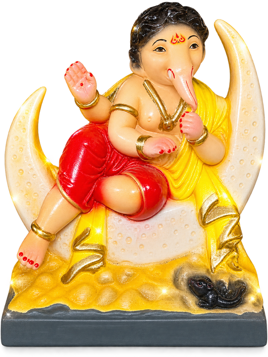 Cute 6-Inch Reclining Lord Ganesha Statue on Chandra (Moon) | Perfect for Desk, Car Dashboard & Home Mandir