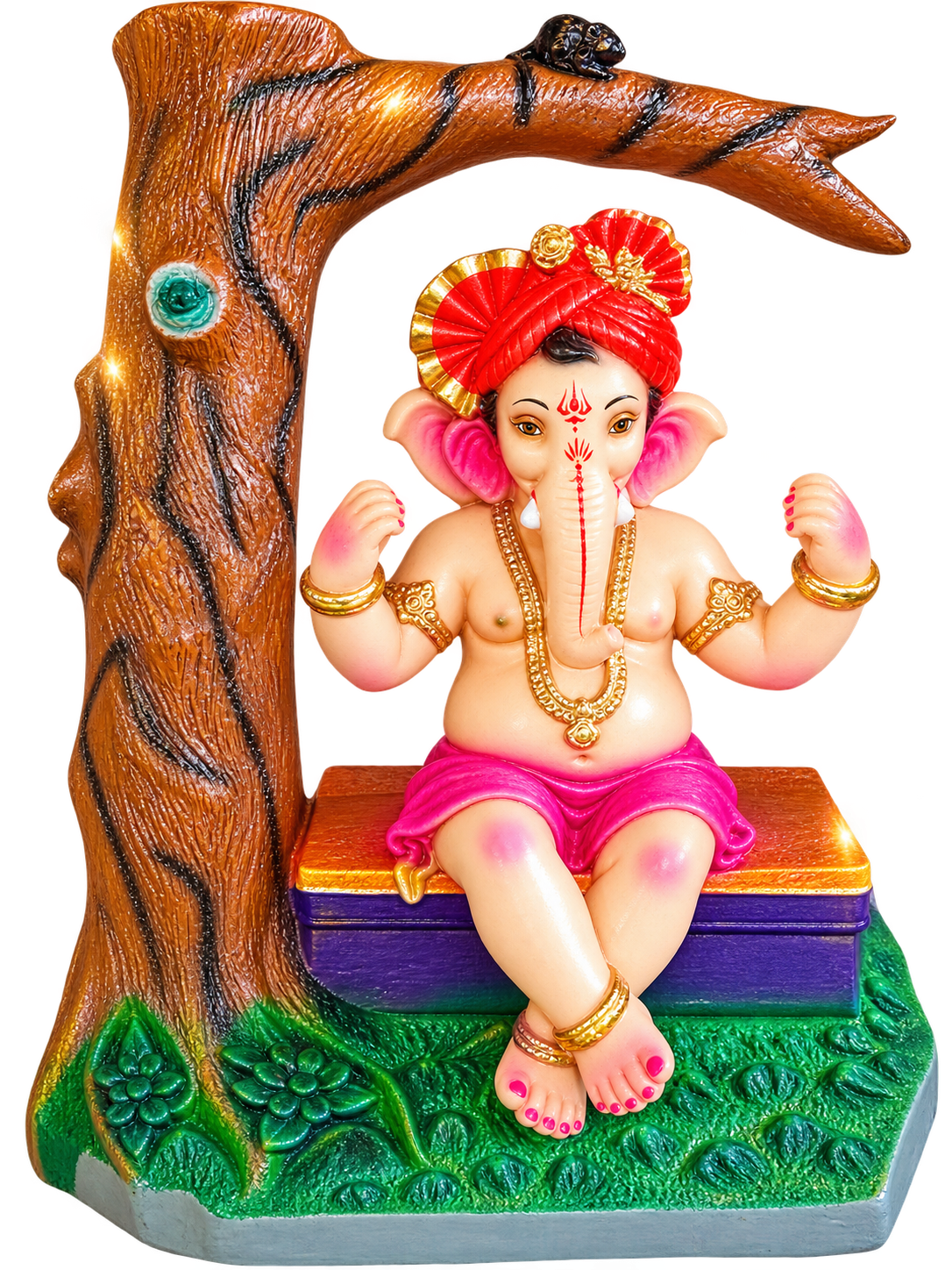 Divine 2-Foot Tree Theme Ganesha Idol with Red Pheta | Handcrafted Bal Ganpati Bappa Murti Under Tree