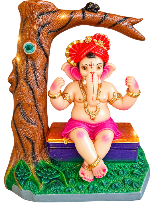 Divine 2-Foot Tree Theme Ganesha Idol with Red Pheta | Handcrafted Bal Ganpati Bappa Murti Under Tree