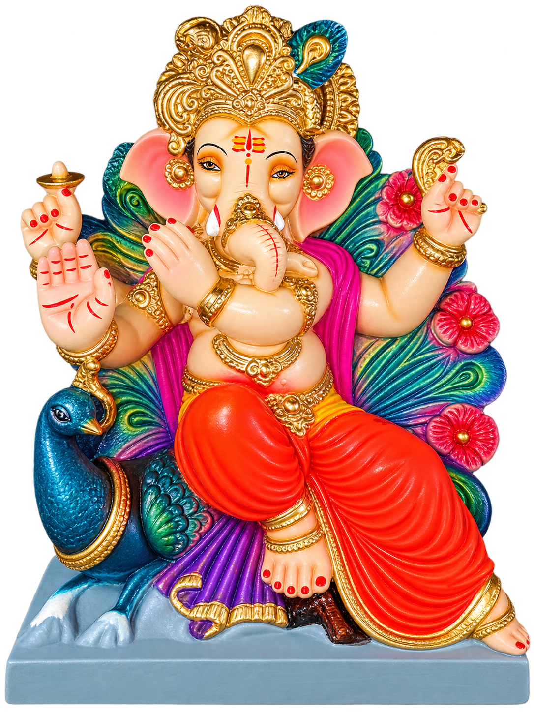 Divine 1.5 Foot Mayurasan Ganesha Idol in Bright Orange Dhoti | Handcrafted Peacock Throne Ganpati Murti