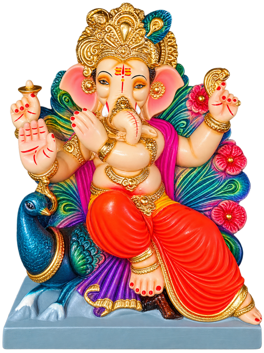 Divine 1.5 Foot Mayurasan Ganesha Idol in Bright Orange Dhoti | Handcrafted Peacock Throne Ganpati Murti
