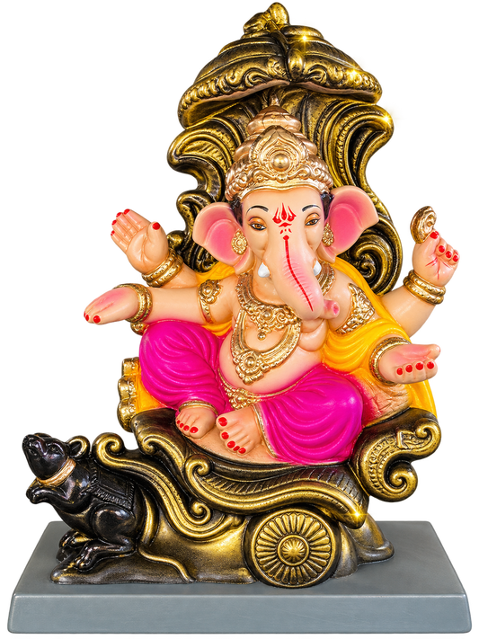 Divine 1 feet Antique Gold Rath Ganesha Idol in Magenta Dhoti | Handcrafted Chariot Ganpati Bappa Murti