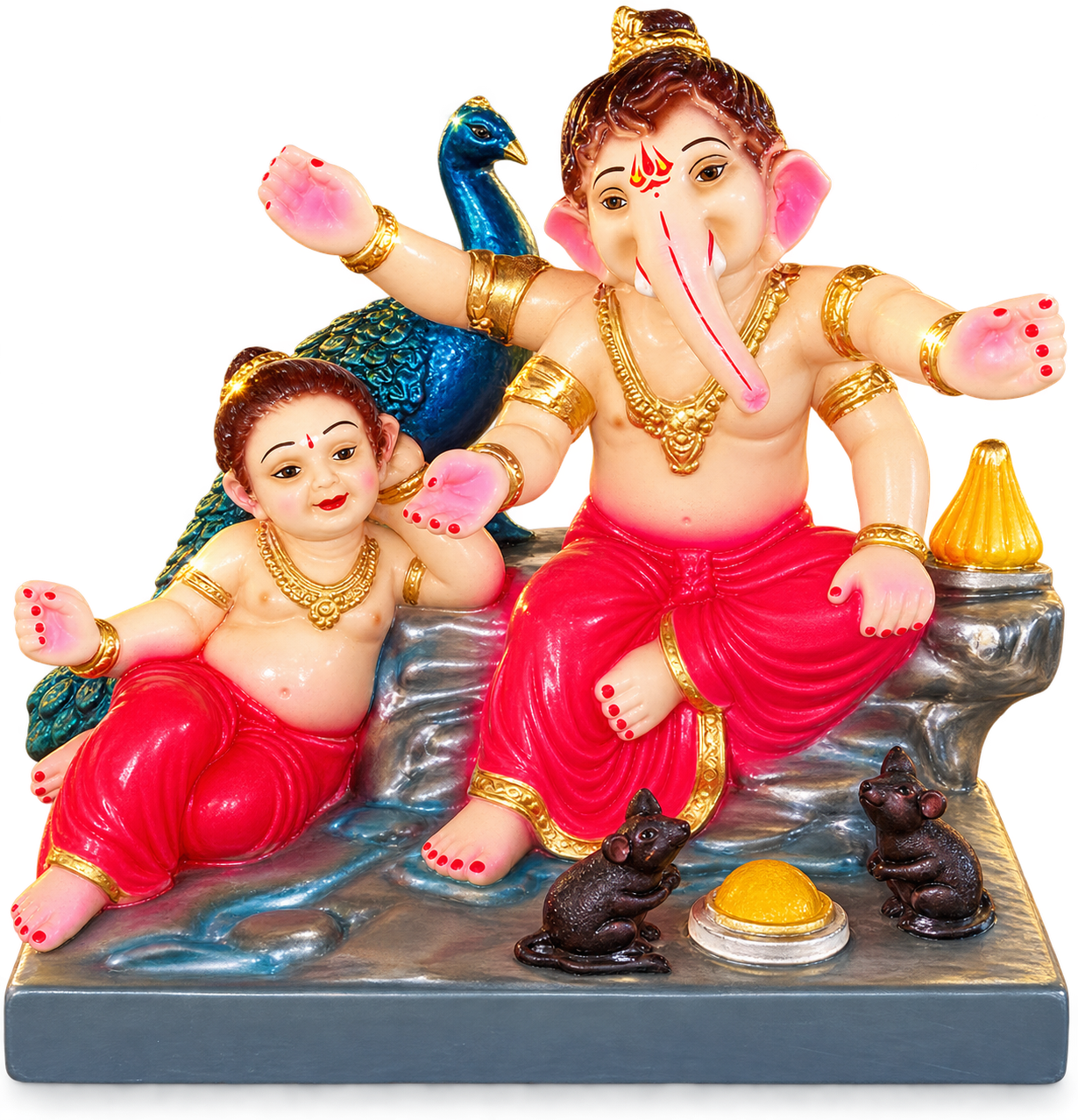 Divine 1.5 Foot Ganesha & Kartikeya Dual Idol with Peacock & Mooshak | Handcrafted POP Murti