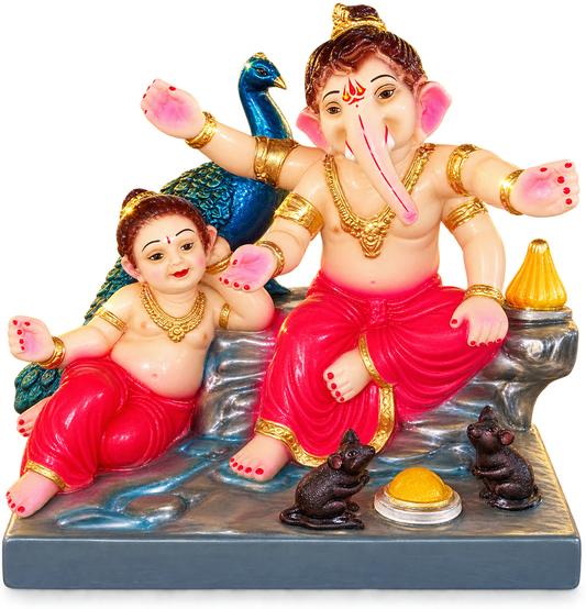 Divine 1.5 Foot Ganesha & Kartikeya Dual Idol with Peacock & Mooshak | Handcrafted POP Murti