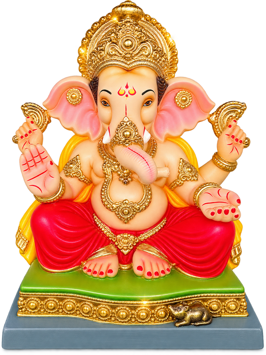 Divine 1.5 Foot Traditional Ganesha Idol in Deep Red Dhoti | Handcrafted Gold Mukut Ganpati Murti