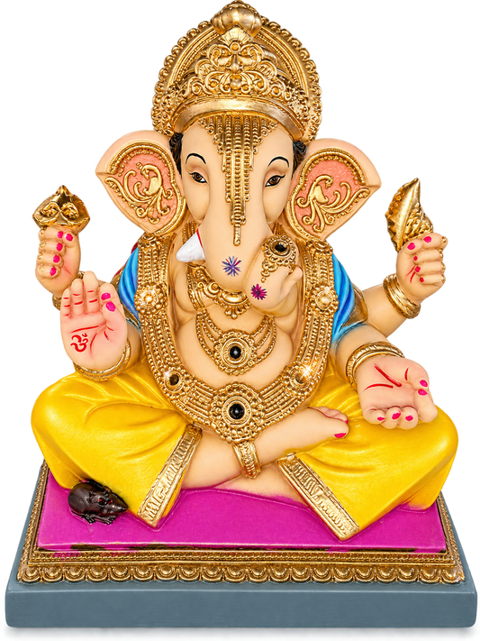 Dagdusheth 1.5 Foot Pitambar Ganesha Idol in Sky Blue Shawl | Handcrafted Golden Jewelry Ganpati Murti