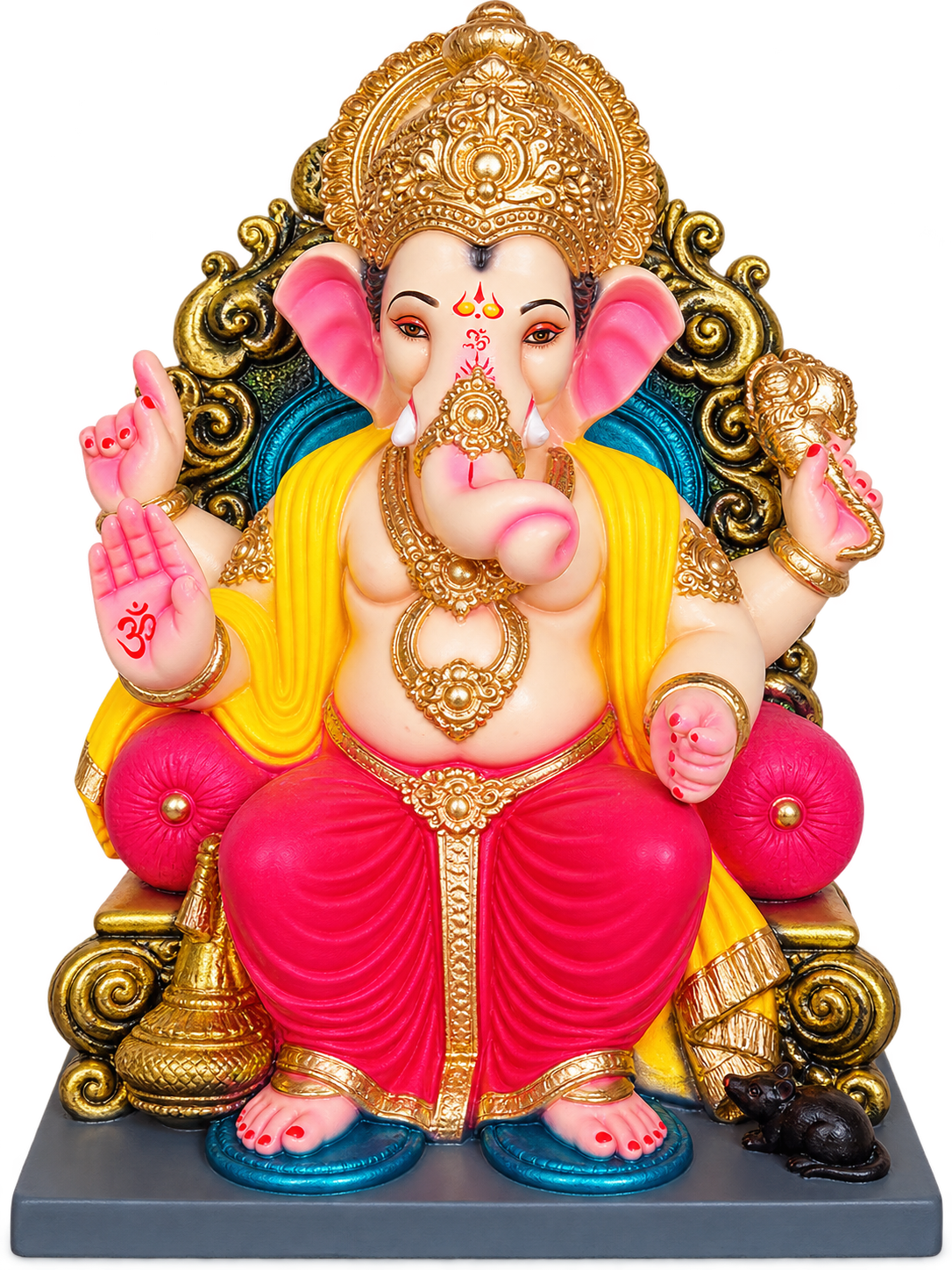 Royal 2.5 Foot Sinhasan Ganesha Idol in Bright Pink Dhoti | Handcrafted Antique Gold Throne Ganpati Murti