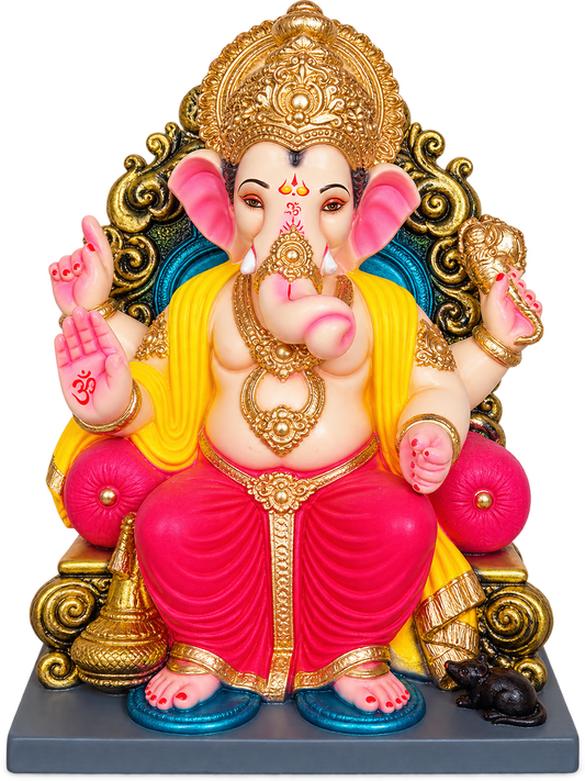Royal 2.5 Foot Sinhasan Ganesha Idol in Bright Pink Dhoti | Handcrafted Antique Gold Throne Ganpati Murti