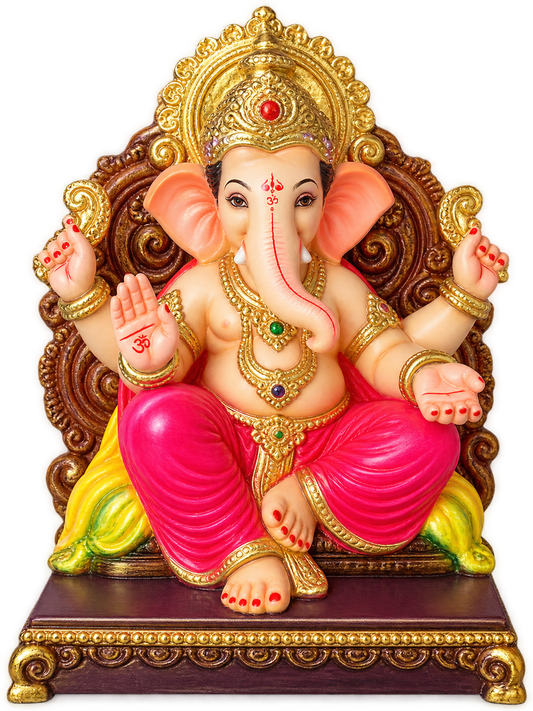 Premium 1 feet POP Ganesha Idol with Carved Prabhavali & Pink Dhoti | Hand-Painted Divine Ganpati Bappa Murti