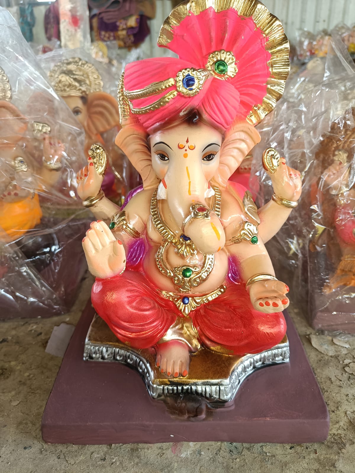 Premium POP 1 feet Ganesha Idol with Shahi Pink Pheta & Gold Accents | Hand-Painted Divine Ganpati Bappa Murti