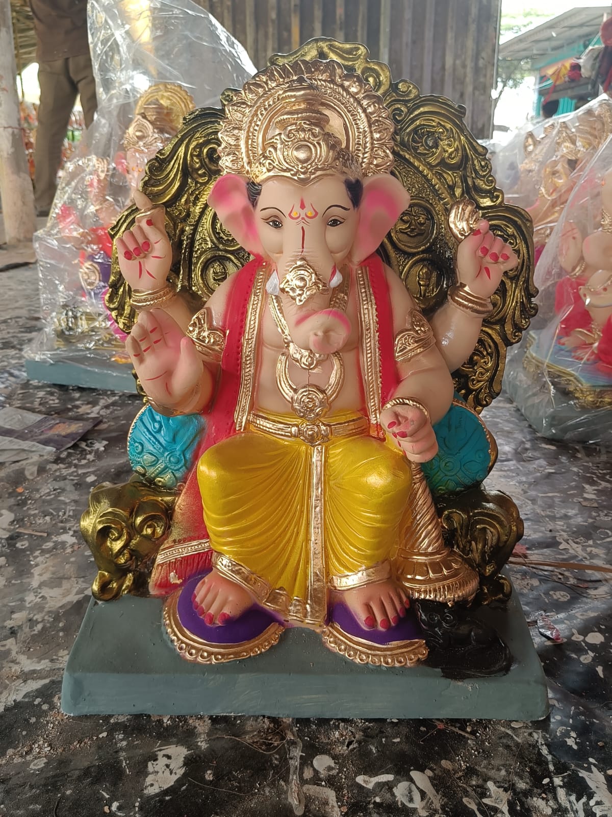 Grand 1.5 Foot POP Ganesha Idol on Ornate Golden Singhasan | Hand-Painted Divine Ganpati Bappa Murti