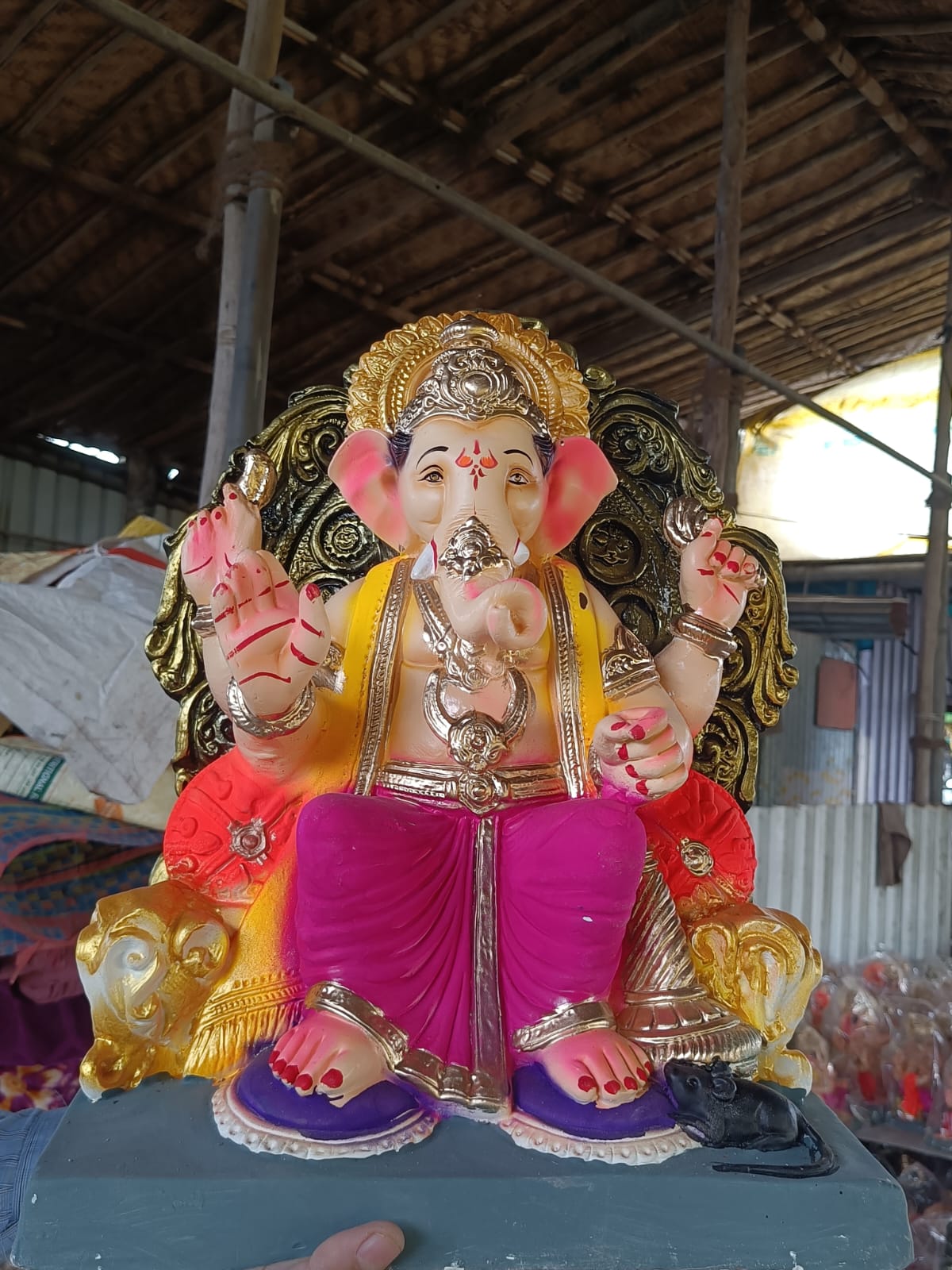 Grand 1.5 Foot POP Ganesha Idol on Ornate Golden Throne | Hand-Painted Divine Ganpati Bappa Murti in Magenta Dhoti