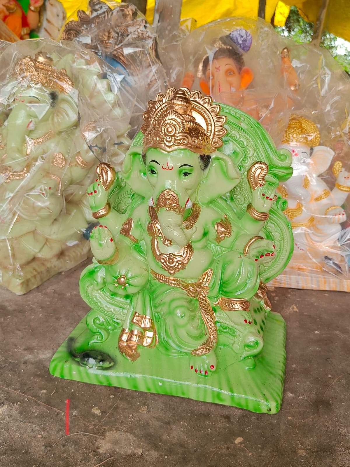 Divine 1 Foot Light Green Ganesha Idol in Gold Jewelry | Handcrafted POP Ganpati Murti