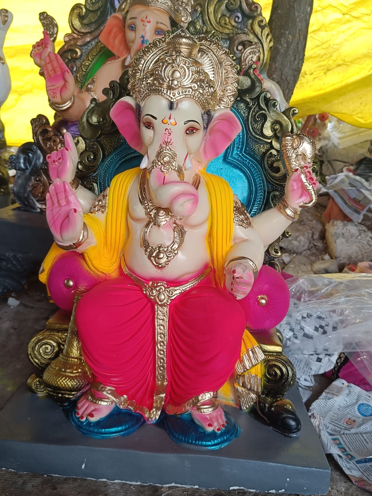 Royal 2.5 Foot Sinhasan Ganesha Idol in Bright Pink Dhoti | Handcrafted Antique Gold Throne Ganpati Murti