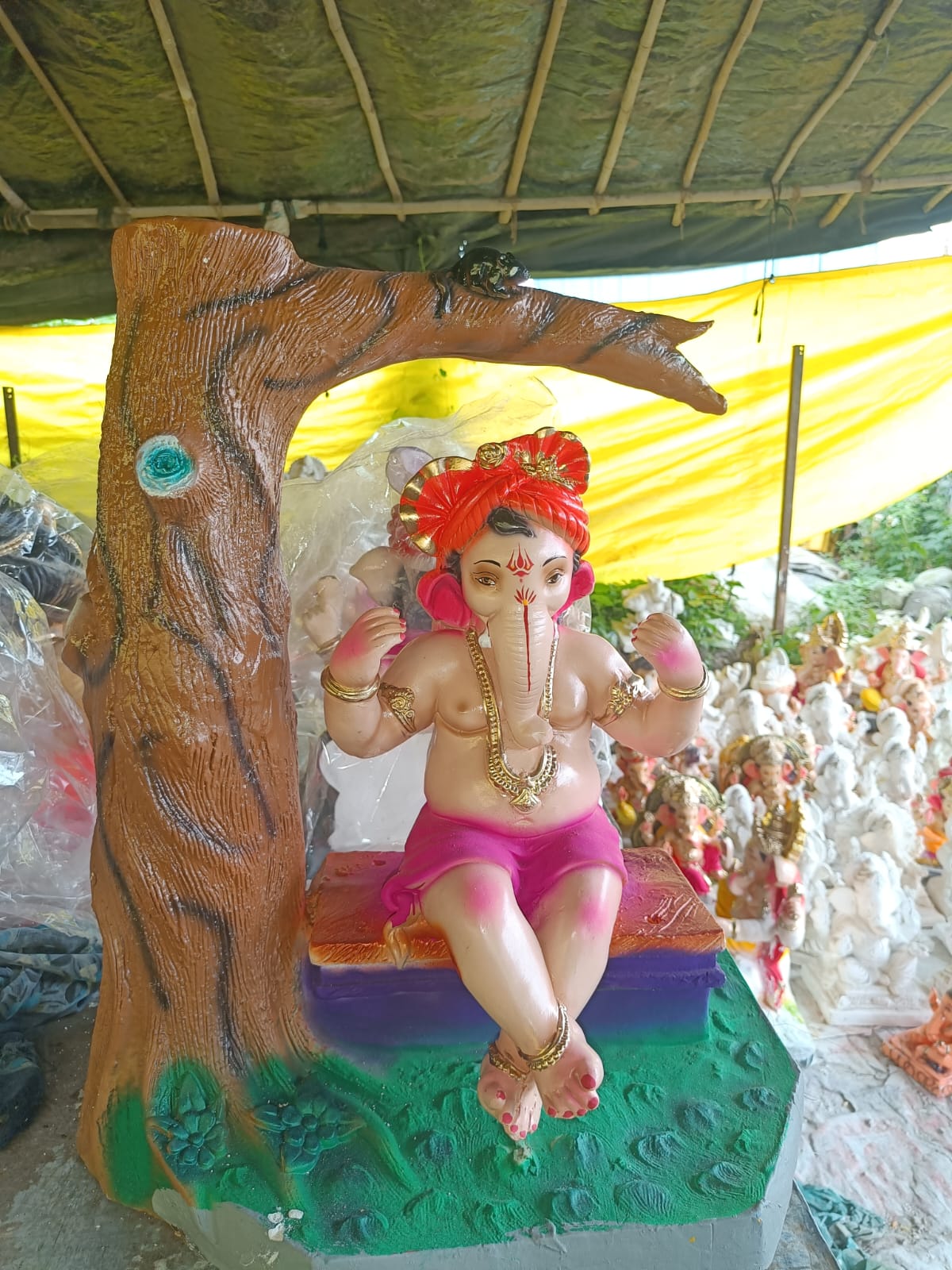Divine 2-Foot Tree Theme Ganesha Idol with Red Pheta | Handcrafted Bal Ganpati Bappa Murti Under Tree