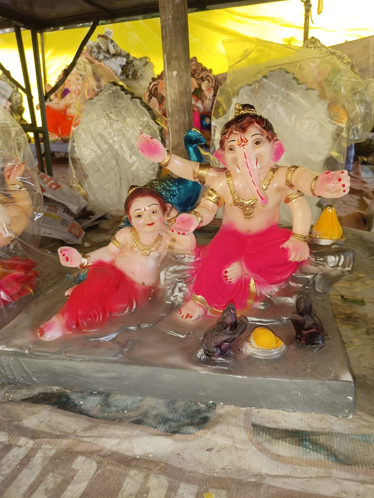 Divine 1.5 Foot Ganesha & Kartikeya Dual Idol with Peacock & Mooshak | Handcrafted POP Murti