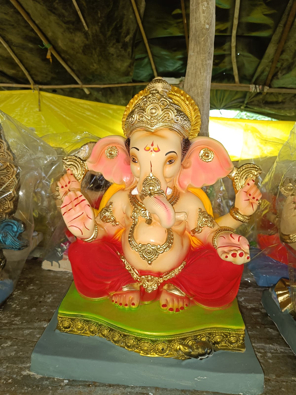 Divine 1.5 Foot Traditional Ganesha Idol in Deep Red Dhoti | Handcrafted Gold Mukut Ganpati Murti