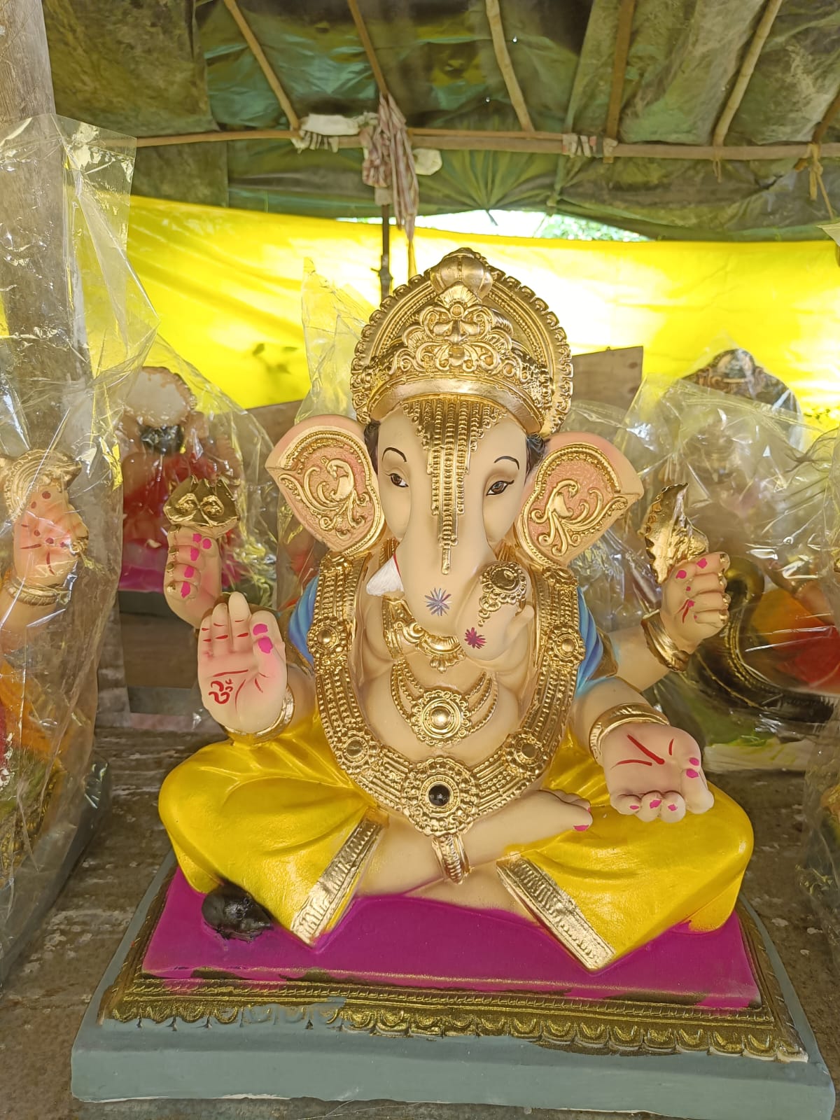 Dagdusheth 1.5 Foot Pitambar Ganesha Idol in Sky Blue Shawl | Handcrafted Golden Jewelry Ganpati Murti