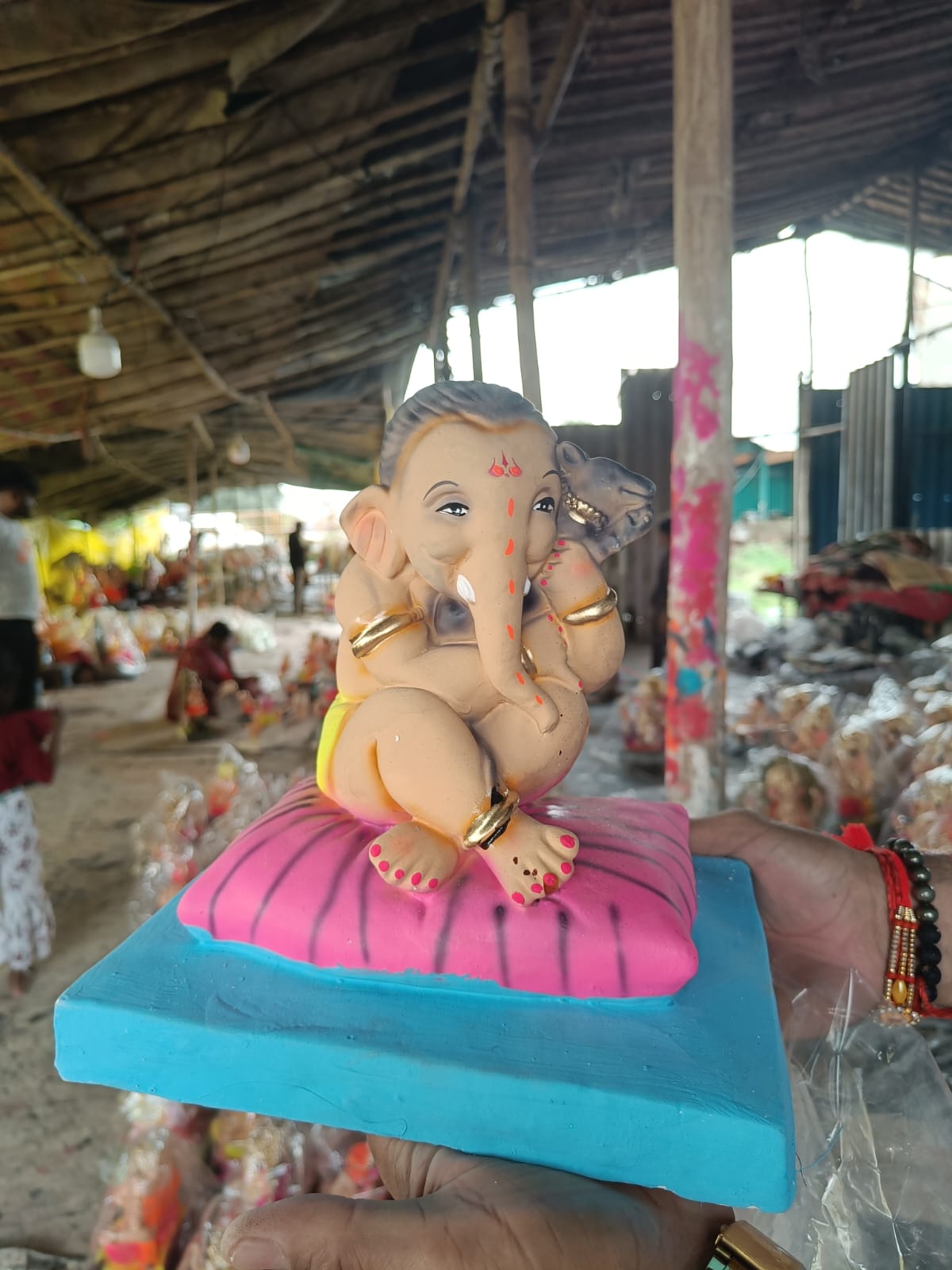 Cute POP 1 feet Bal Ganesha Idol Sitting on Pink Cushion | Hand-Painted Divine Child Ganpati Murti